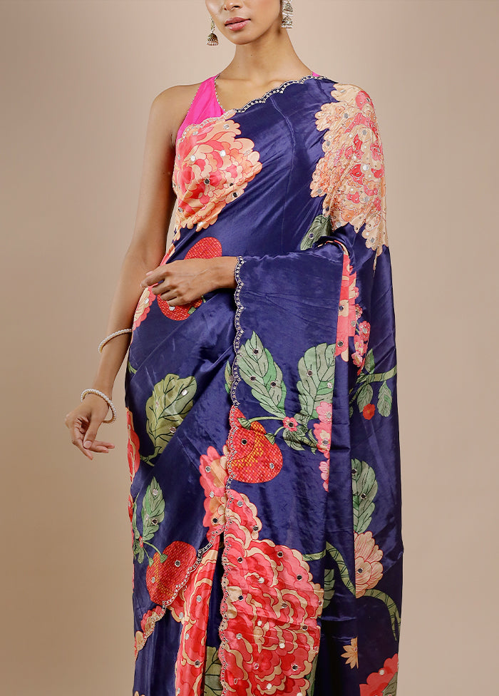 Blue Printed Pure Silk Saree Without Blouse Piece