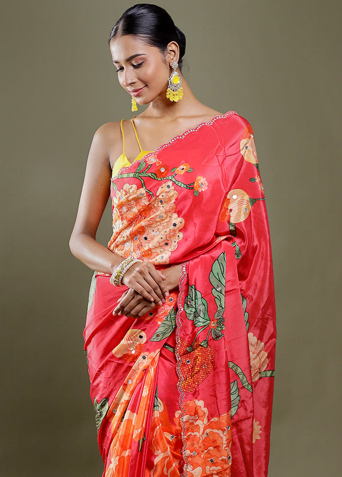 Pink Printed Pure Silk Saree Without Blouse Piece