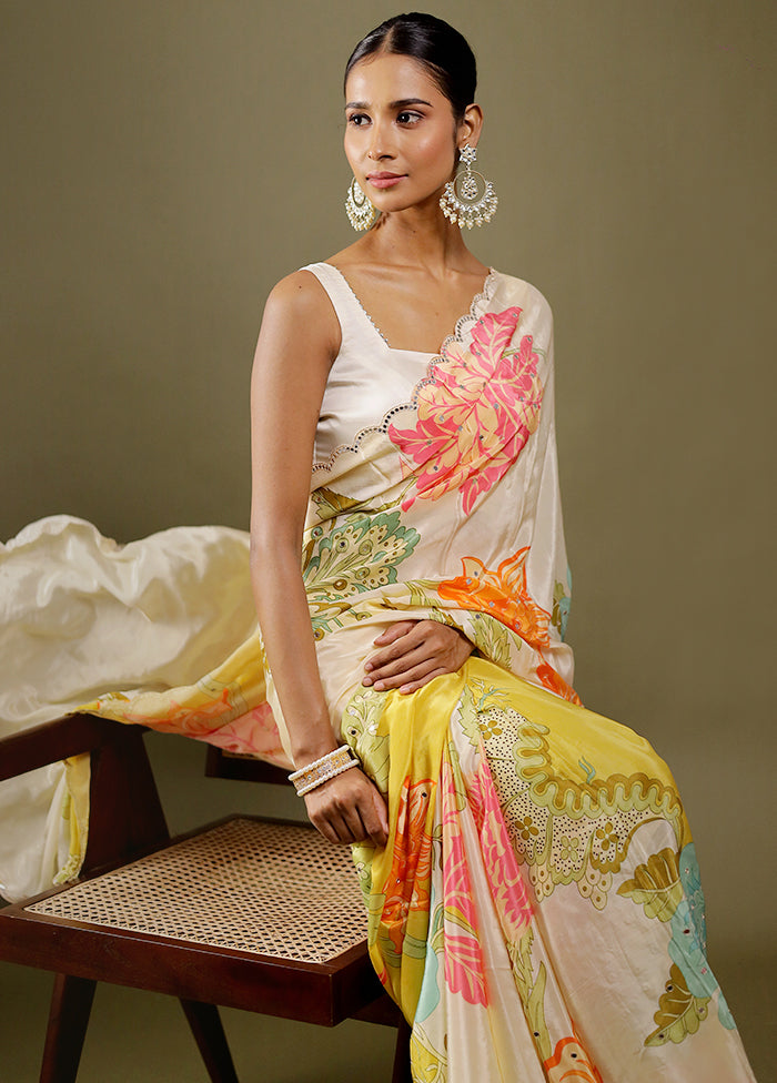 Cream Printed Pure Silk Saree With Blouse Piece