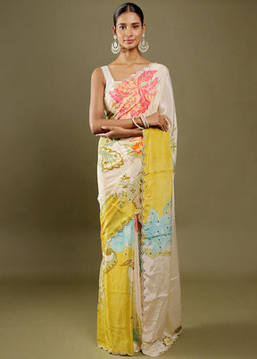 Cream Printed Pure Silk Saree With Blouse Piece