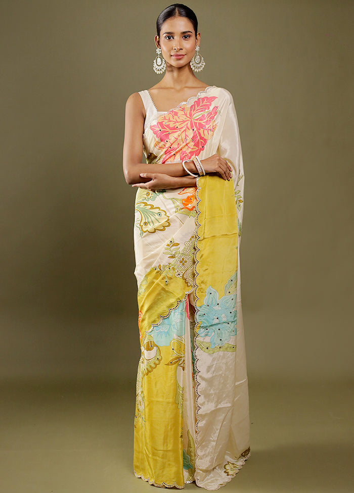 Cream Printed Pure Silk Saree With Blouse Piece
