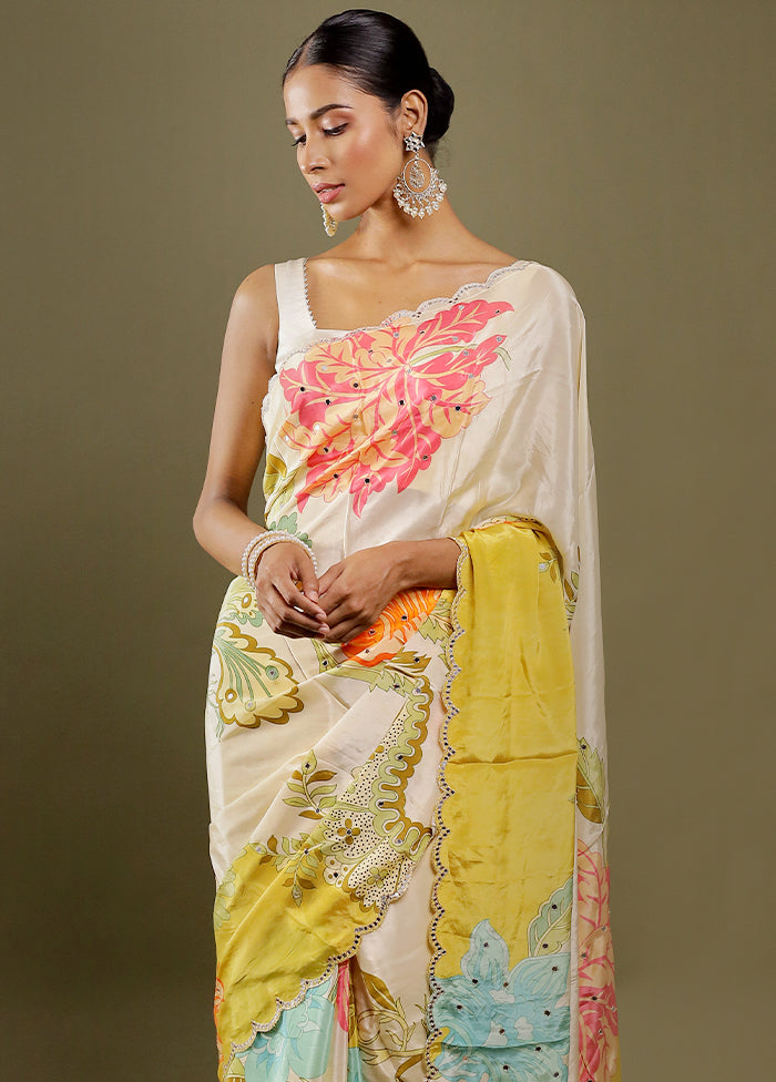 Cream Printed Pure Silk Saree With Blouse Piece