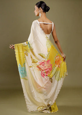 Cream Printed Pure Silk Saree With Blouse Piece