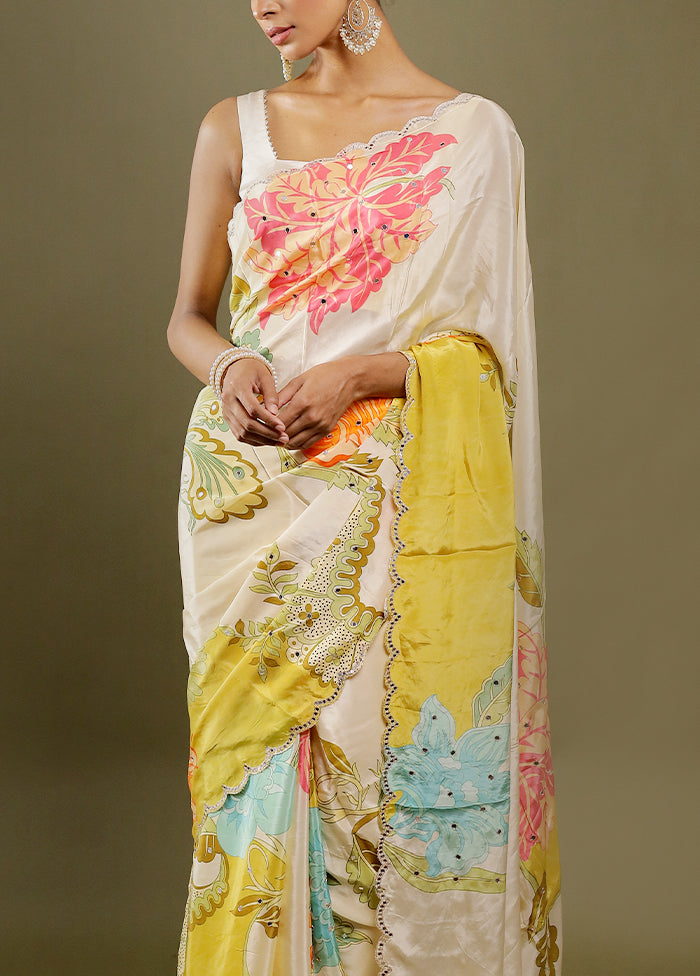 Cream Printed Pure Silk Saree With Blouse Piece