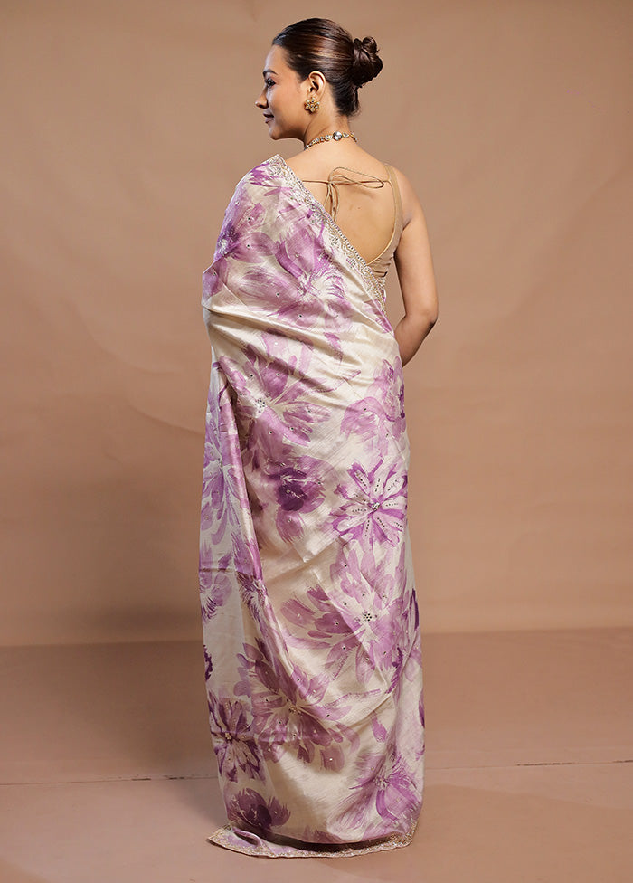 Cream Handloom Tussar Pure Silk Saree With Blouse Piece