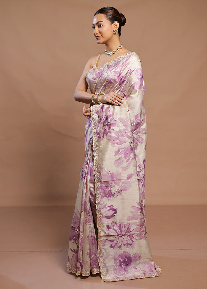 Cream Handloom Tussar Pure Silk Saree With Blouse Piece