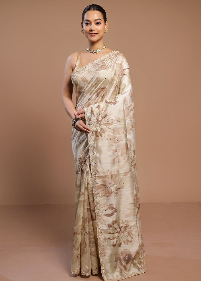 Cream Handloom Tussar Pure Silk Saree With Blouse Piece