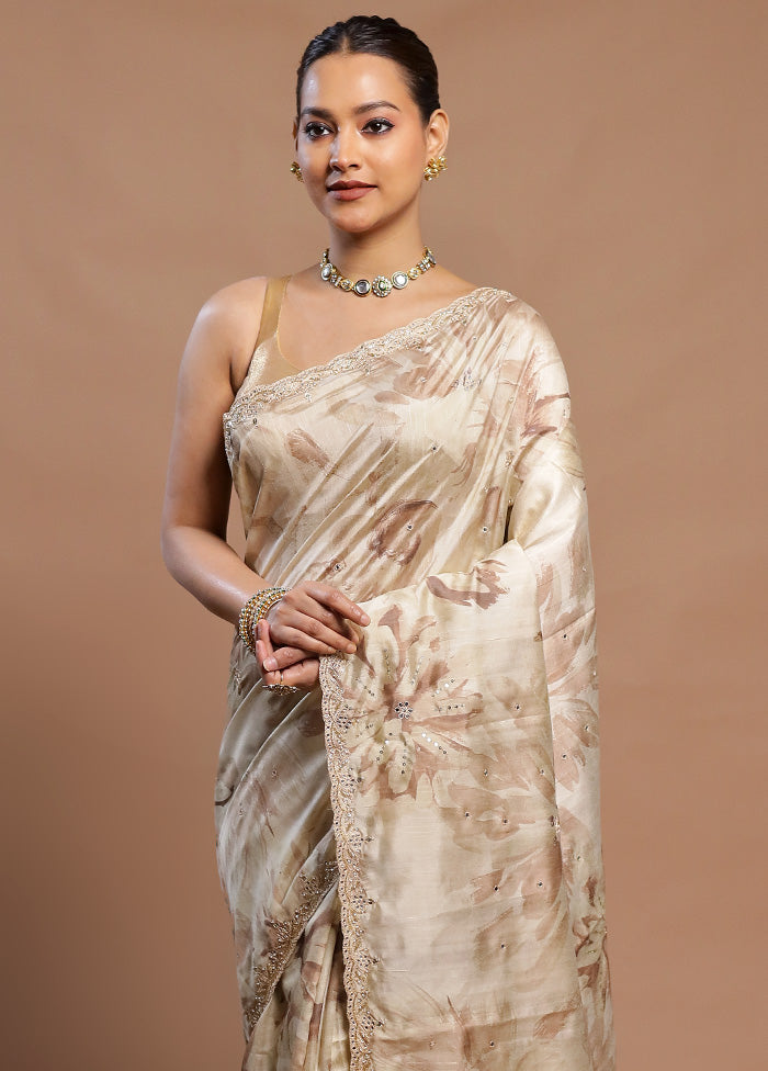 Cream Handloom Tussar Pure Silk Saree With Blouse Piece