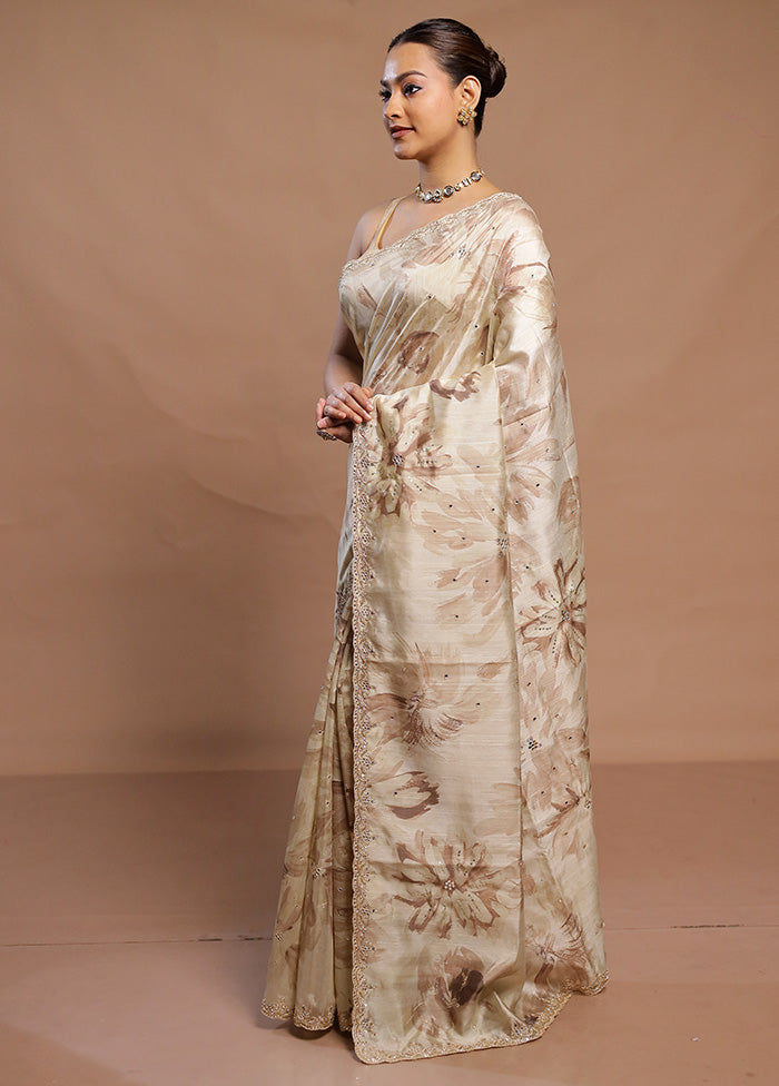 Cream Handloom Tussar Pure Silk Saree With Blouse Piece