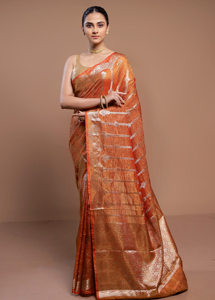 Orange Crushed Tissue Silk Saree With Blouse Piece