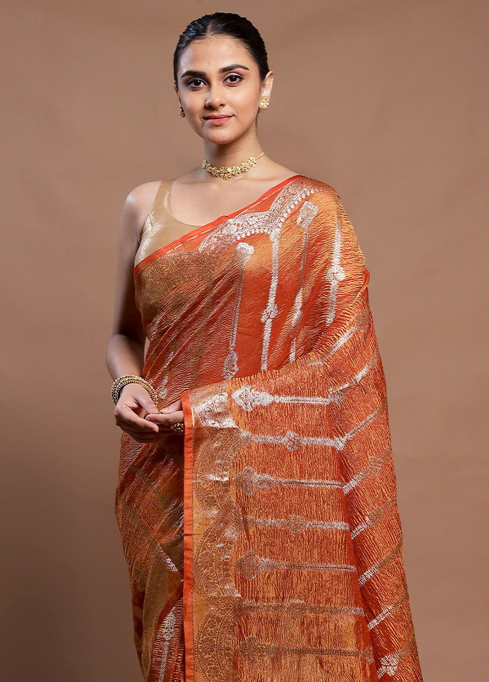 Orange Crushed Tissue Silk Saree With Blouse Piece