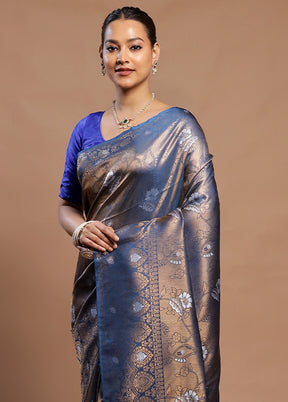 Blue Dupion Silk Saree With Blouse Piece