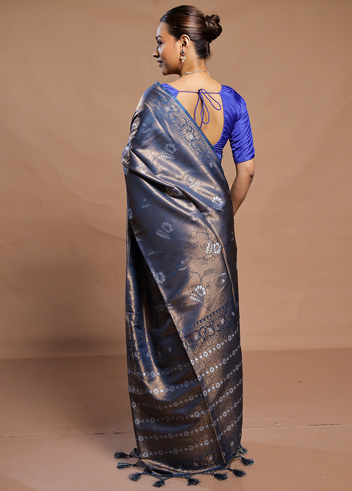 Blue Dupion Silk Saree With Blouse Piece