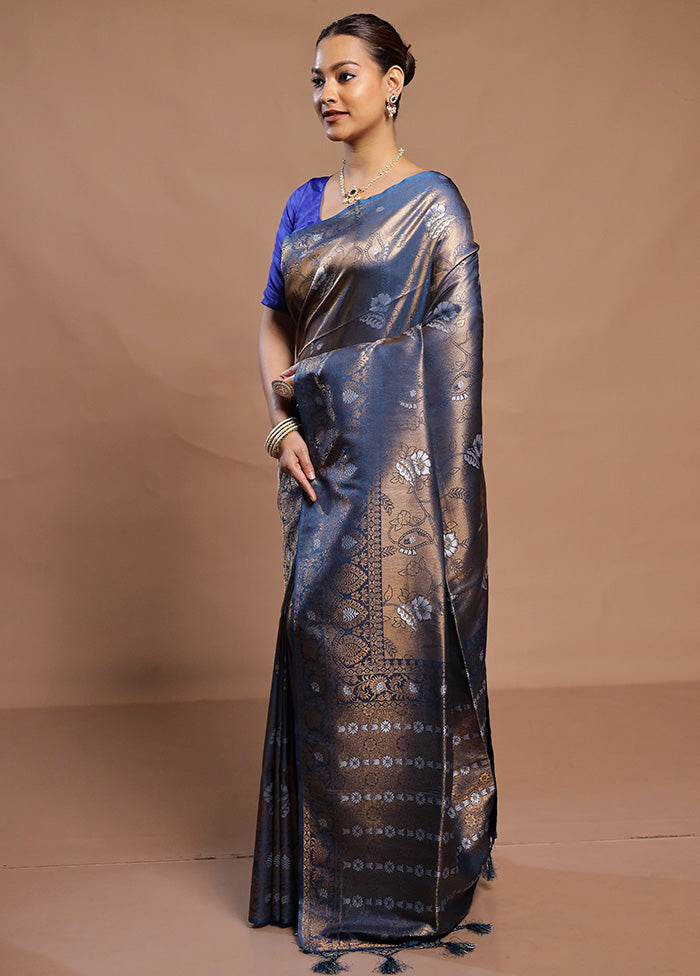 Blue Dupion Silk Saree With Blouse Piece