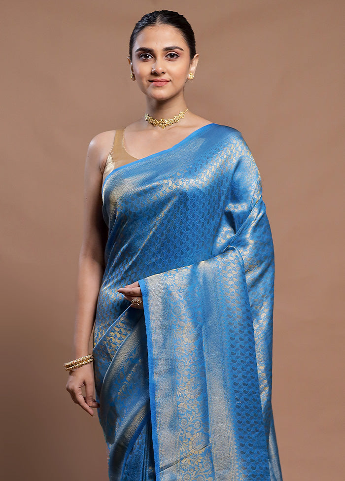 Blue Dupion Silk Saree With Blouse Piece