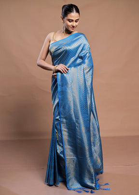 Blue Dupion Silk Saree With Blouse Piece