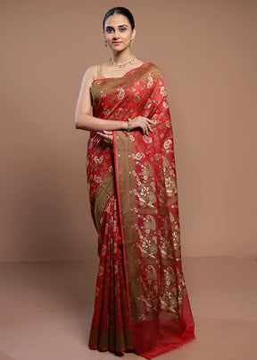 Red Kora Silk Saree With Blouse Piece