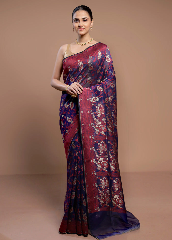 Blue Kora Silk Saree With Blouse Piece