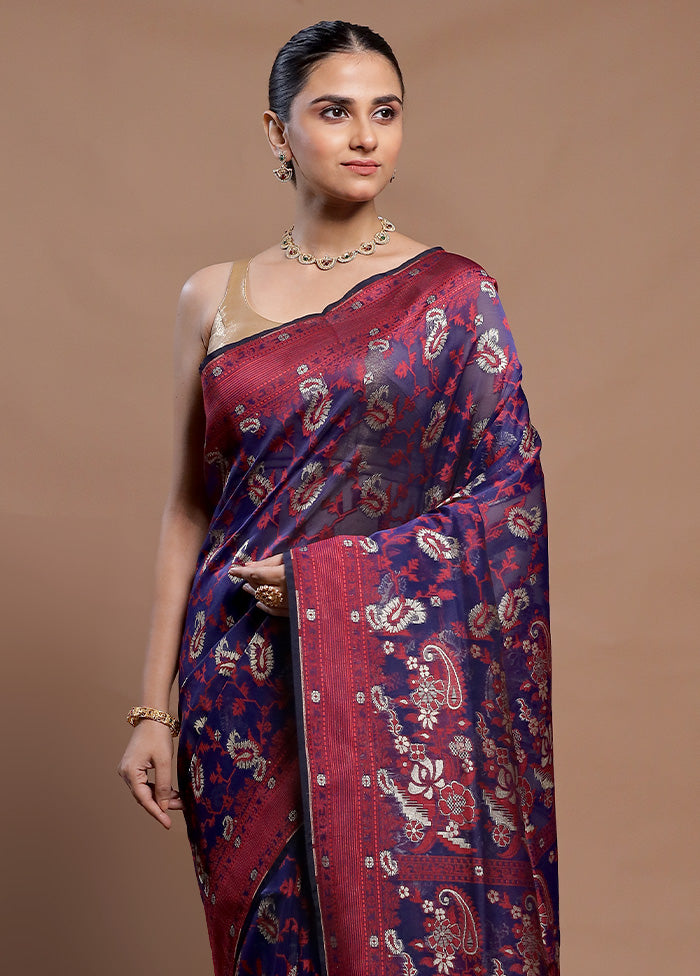 Blue Kora Silk Saree With Blouse Piece