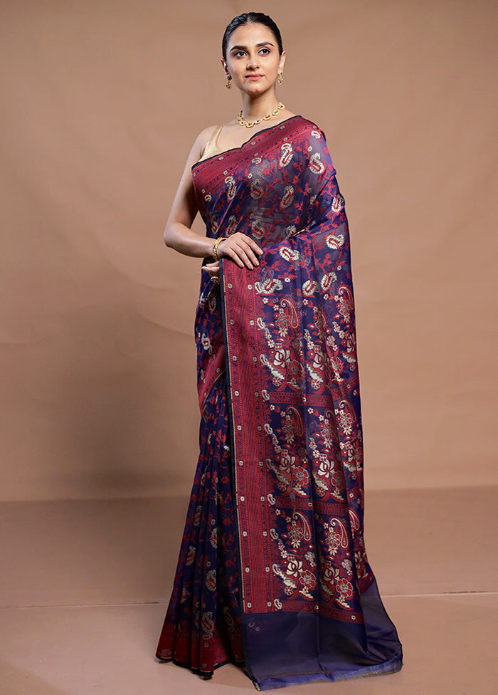 Blue Kora Silk Saree With Blouse Piece