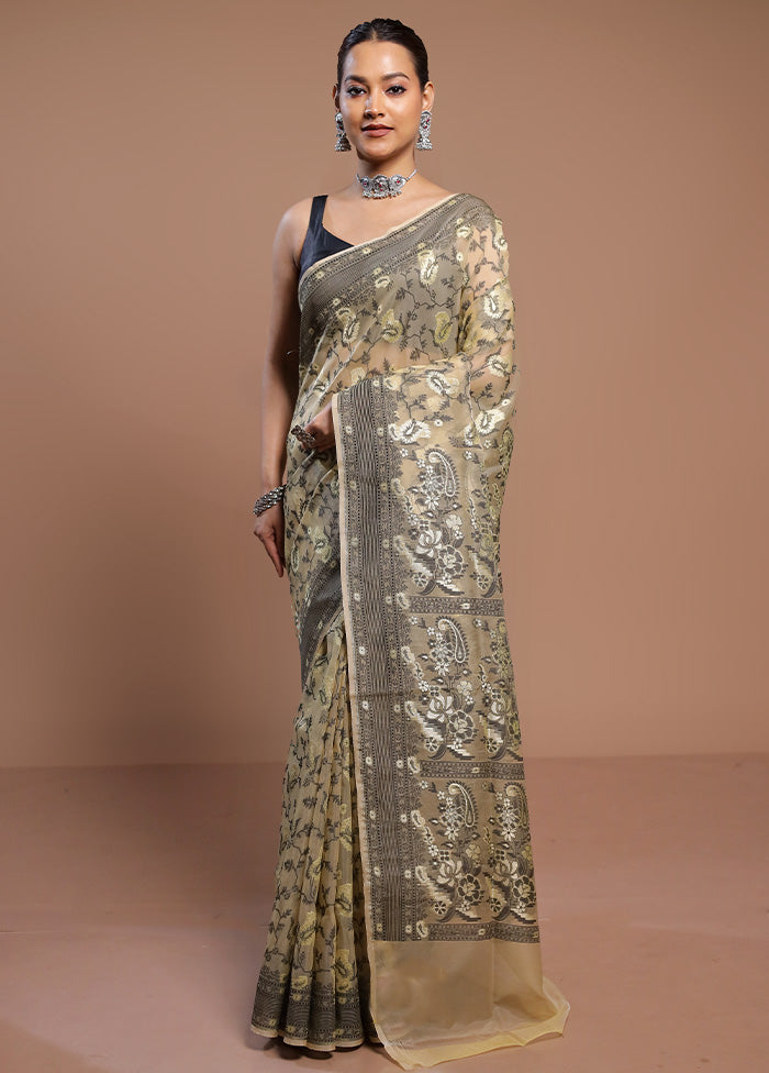 Cream Kora Silk Saree With Blouse Piece