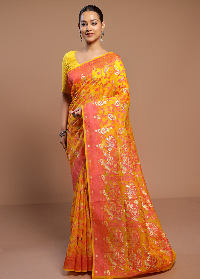 Yellow Kora Silk Saree With Blouse Piece