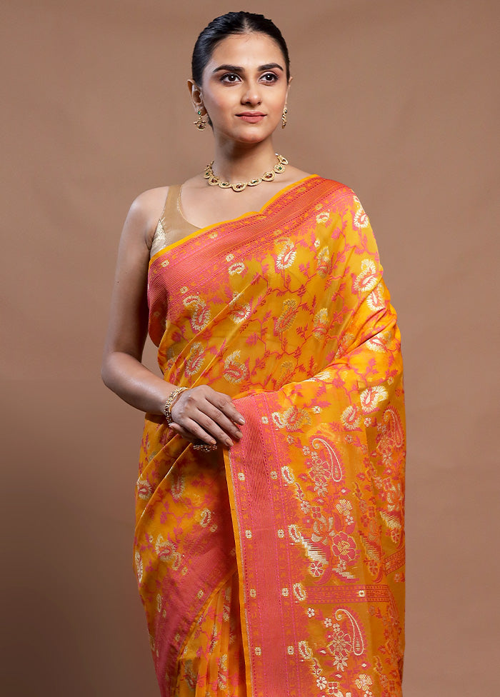 Yellow Kora Silk Saree With Blouse Piece