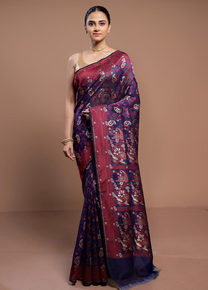 Blue Kora Silk Saree With Blouse Piece