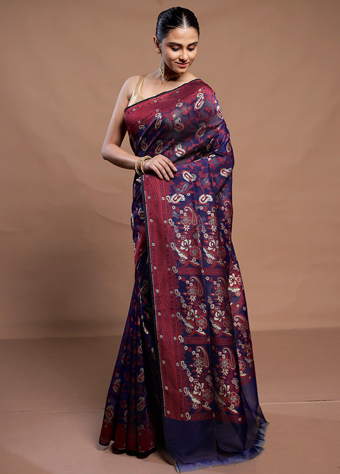 Blue Kora Silk Saree With Blouse Piece