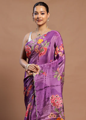 Purple Printed Pure Silk Saree Without Blouse Piece