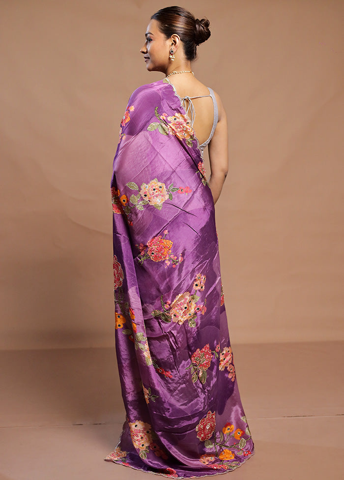 Purple Printed Pure Silk Saree Without Blouse Piece