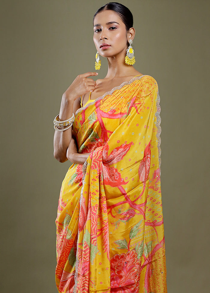 Yellow Printed Pure Silk Saree With Blouse Piece