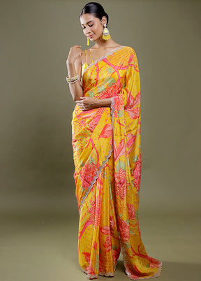 Yellow Printed Pure Silk Saree With Blouse Piece