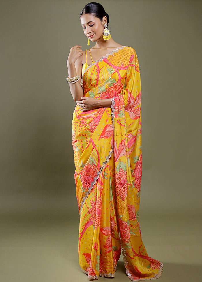 Yellow Printed Pure Silk Saree With Blouse Piece