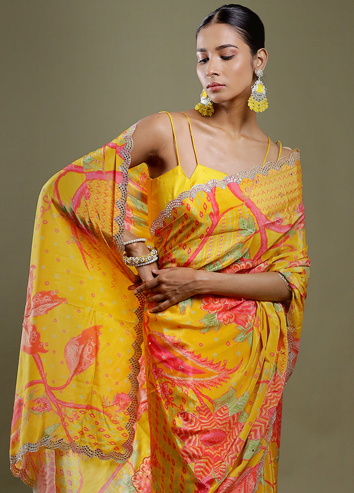 Yellow Printed Pure Silk Saree With Blouse Piece