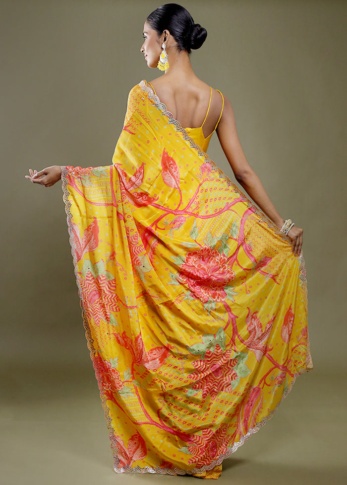 Yellow Printed Pure Silk Saree With Blouse Piece