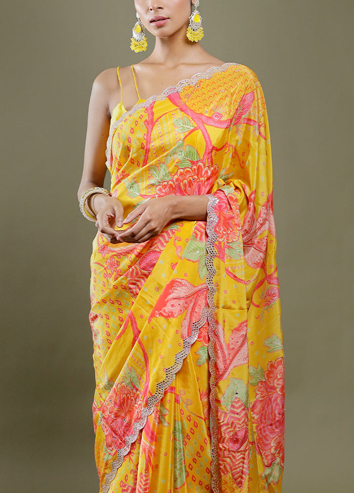 Yellow Printed Pure Silk Saree With Blouse Piece