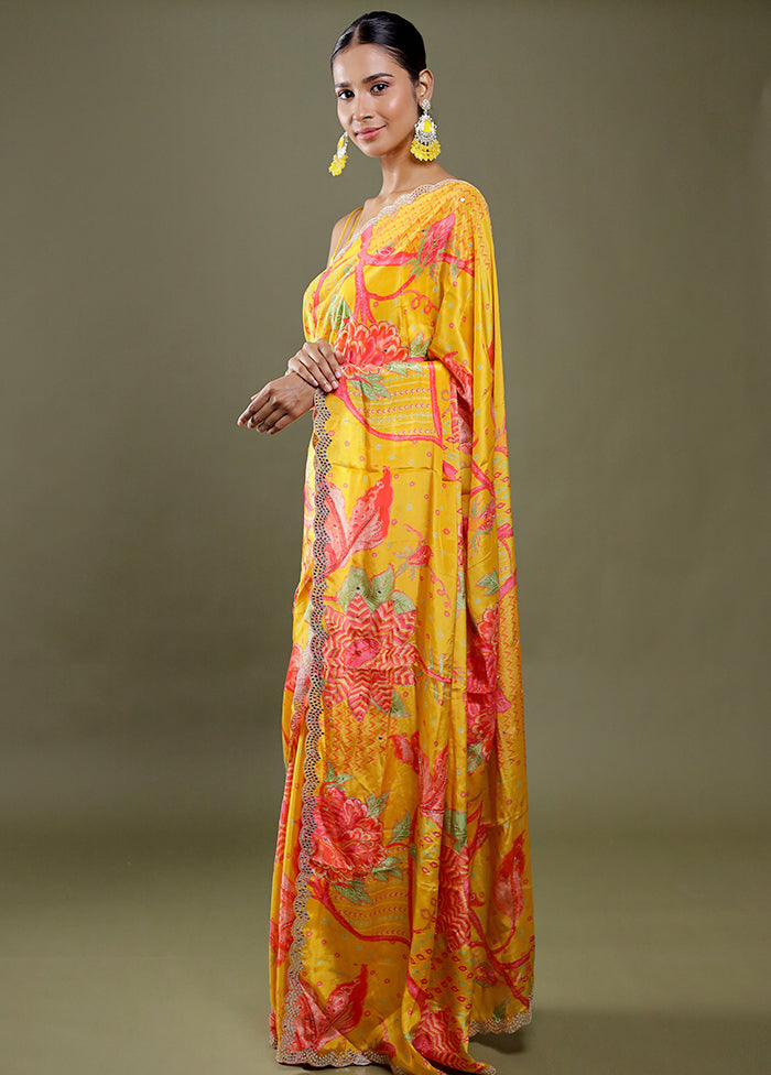 Yellow Printed Pure Silk Saree With Blouse Piece