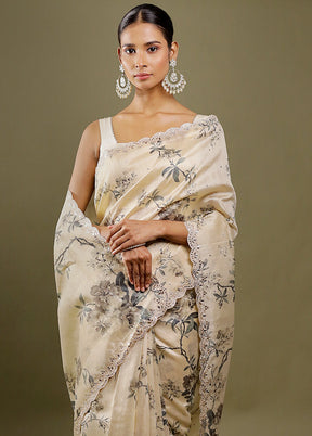 Cream Printed Pure Silk Saree With Blouse Piece