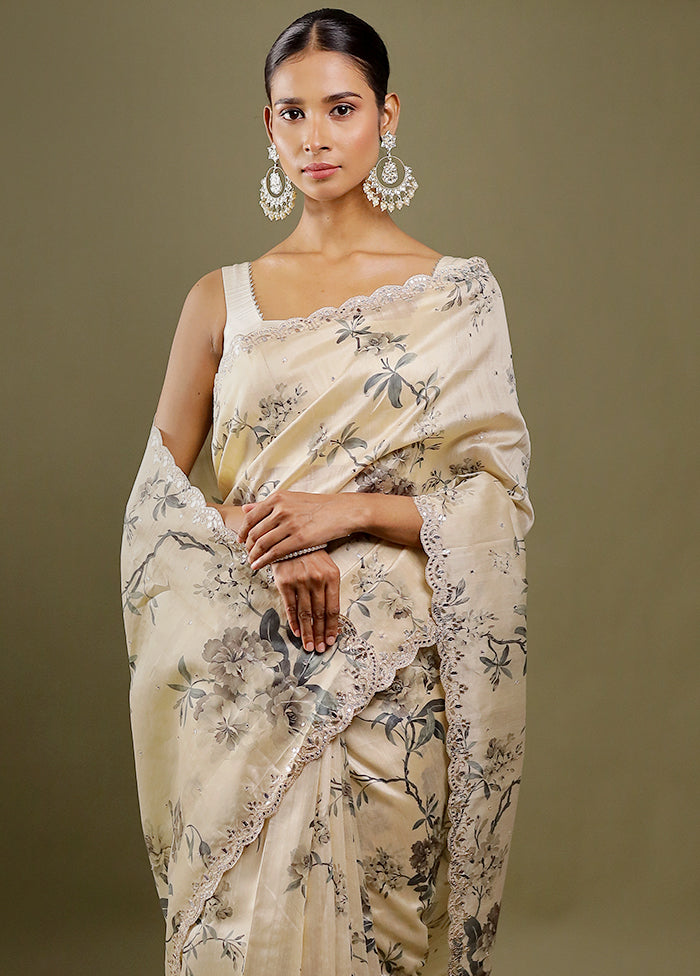 Cream Printed Pure Silk Saree With Blouse Piece
