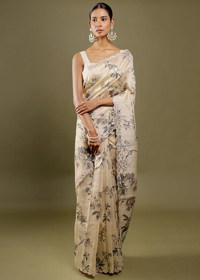 Cream Printed Pure Silk Saree With Blouse Piece
