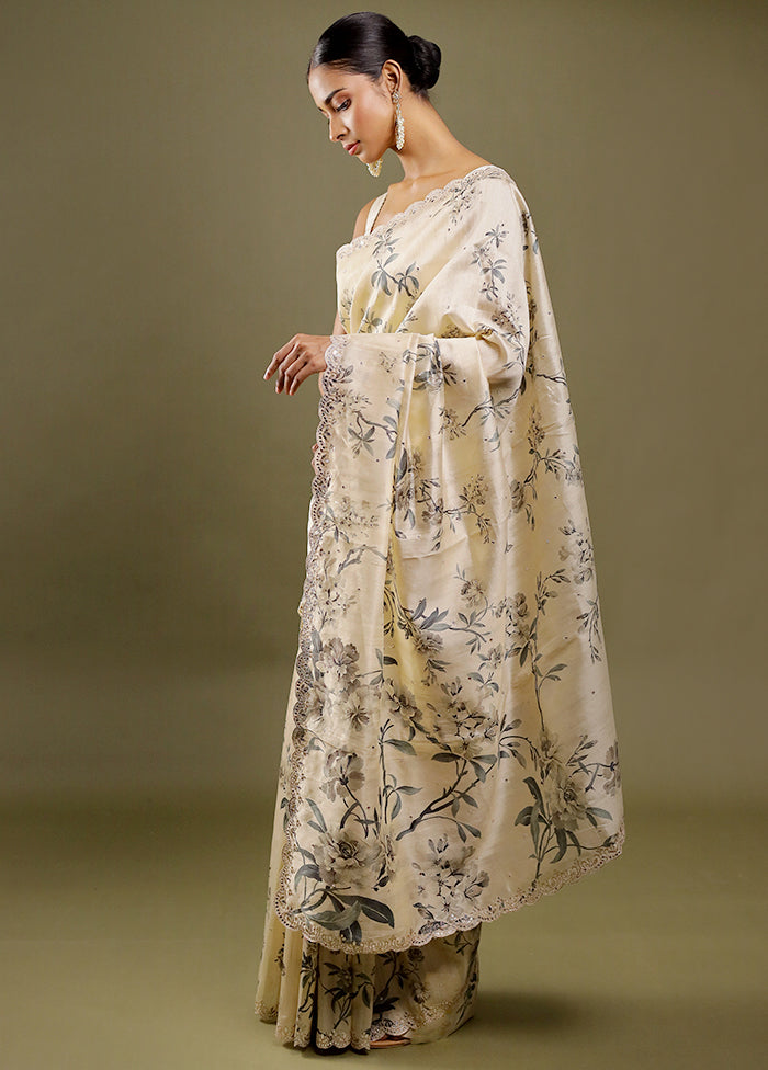 Cream Printed Pure Silk Saree With Blouse Piece