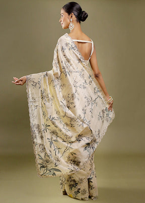 Cream Printed Pure Silk Saree With Blouse Piece