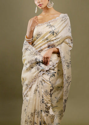 Cream Printed Pure Silk Saree With Blouse Piece