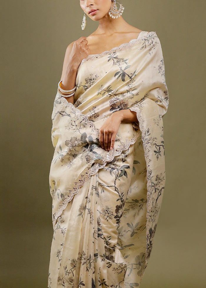 Cream Printed Pure Silk Saree With Blouse Piece