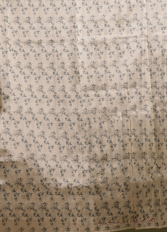 Cream Printed Pure Silk Saree With Blouse Piece