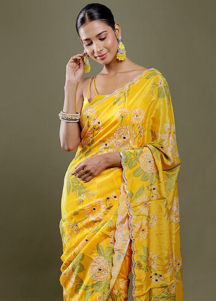 Yellow Printed Pure Silk Saree Without Blouse Piece