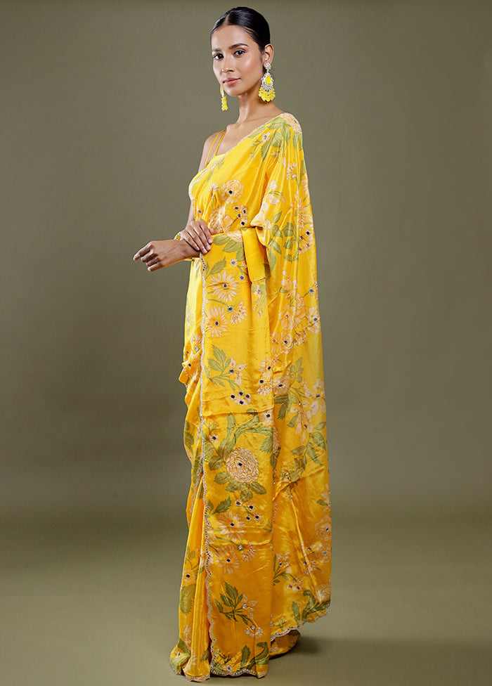 Yellow Printed Pure Silk Saree Without Blouse Piece