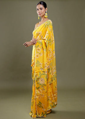 Yellow Printed Pure Silk Saree Without Blouse Piece