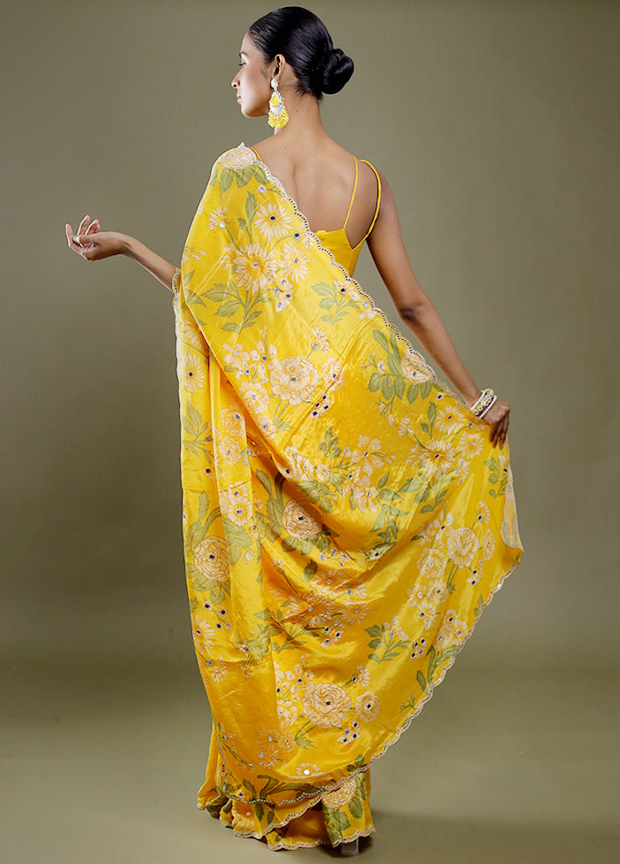 Yellow Printed Pure Silk Saree Without Blouse Piece